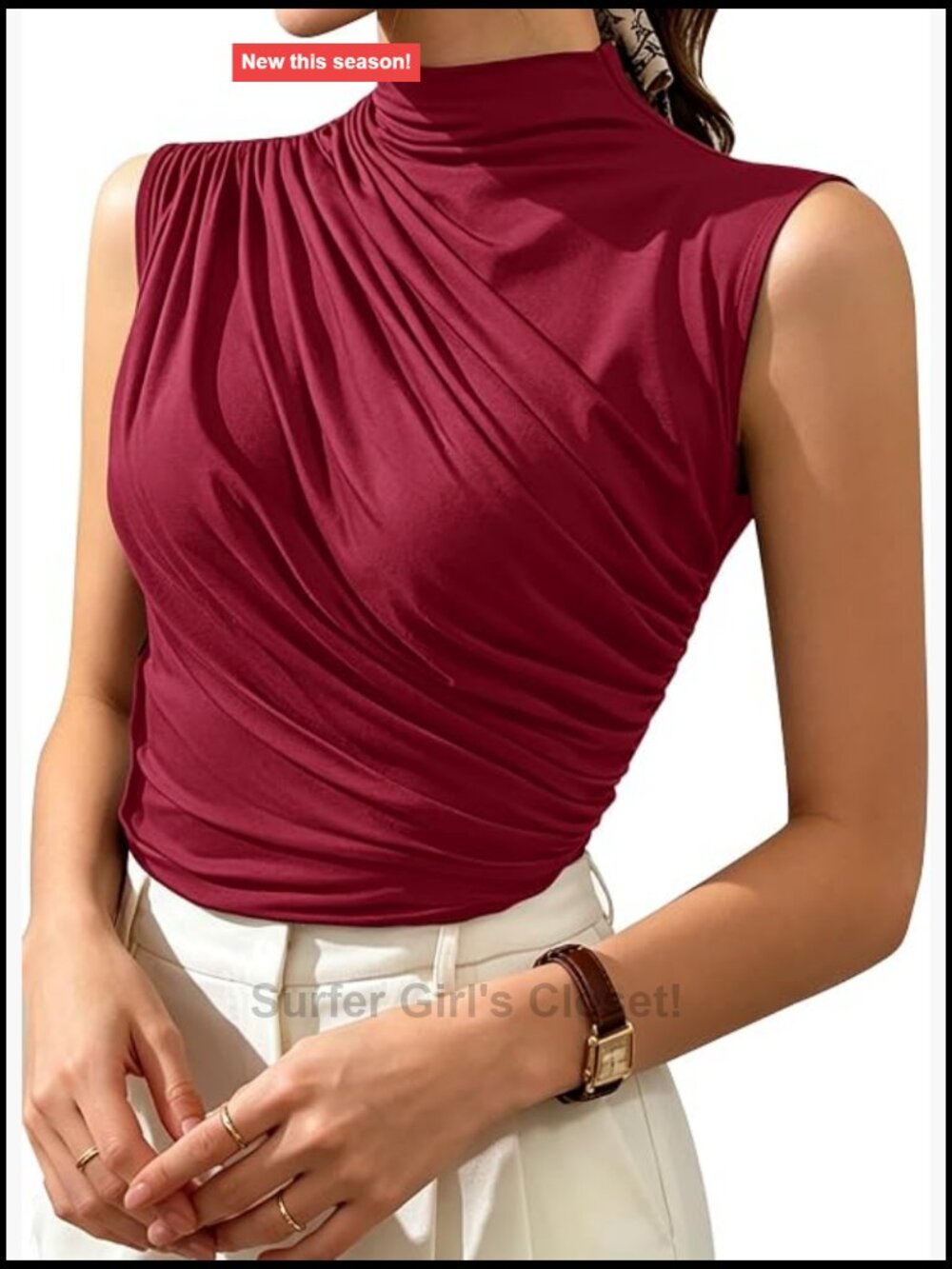 Women's Fitted Sleeveless Ruched Tank Top Mock Turtleneck Blouse